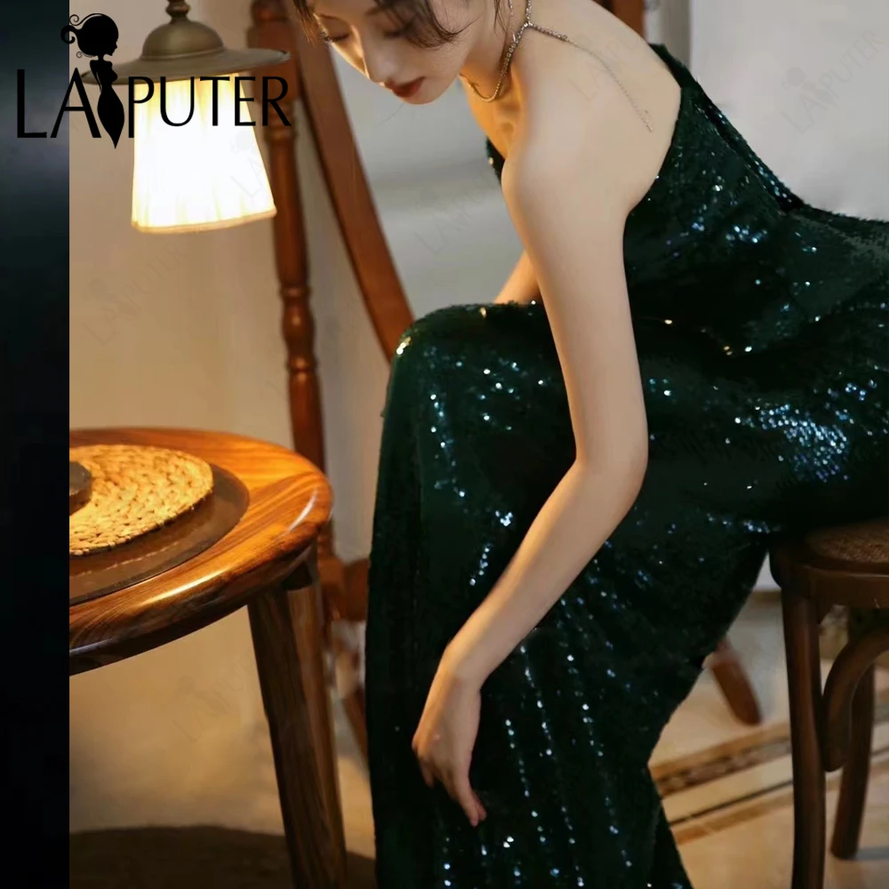 Thick Sequined Green Evening Dresses Column Peplum Waist Off Shoulder Strapless Neck Sliming Lady Party Club Long Prom Gown