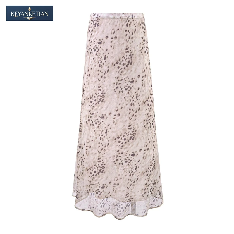 KEYANKETIAN 2026 Retro style Flowy Maxi Skirt High Waist Light Beige Leopard Print, Chiffon Fabric Flared Hem A-line Skirt