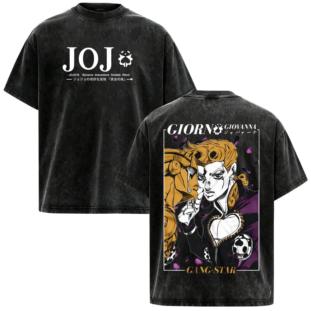 Anime JoJo Bizarre Adventure Giorno Giovanna Vintage Washed T-shirt Men Women Clothing Fashion Retro Short Sleeves T Shirts Tops