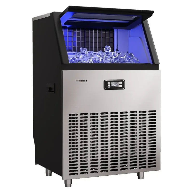 Commercial Ice Maker Machine, 200 lbs/24 Hours, 48 lbs Storage Bin, Stainless Steel, Blue Light, Freestanding, Great for Home