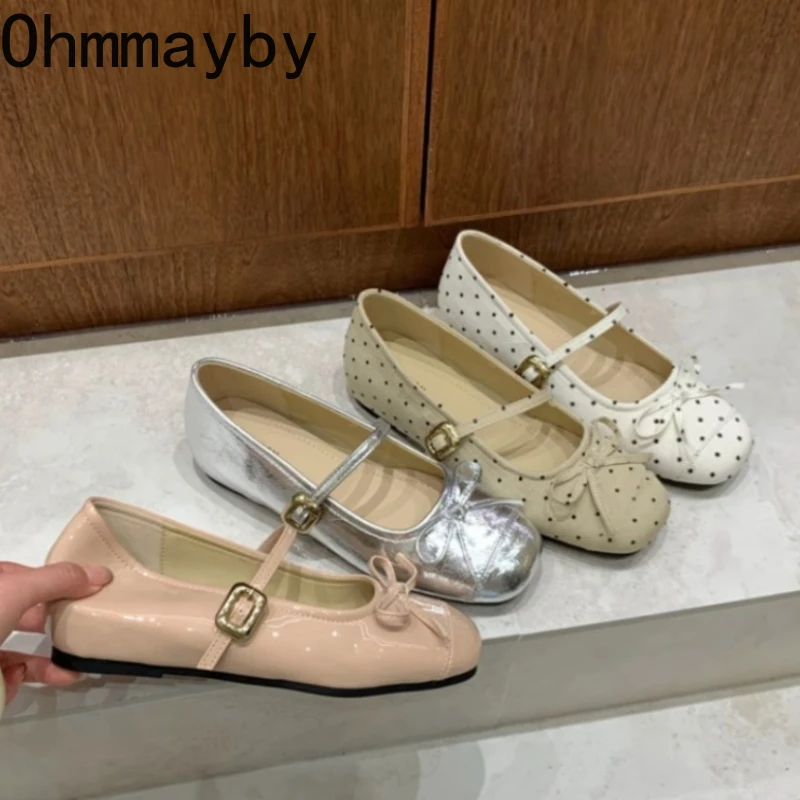 

New Spring Polka Dot Internal Elevation Women Mary Jane Shoes Designer Butterfly-knot Buckle Ladies Eelgant Dress Ballet Shoes
