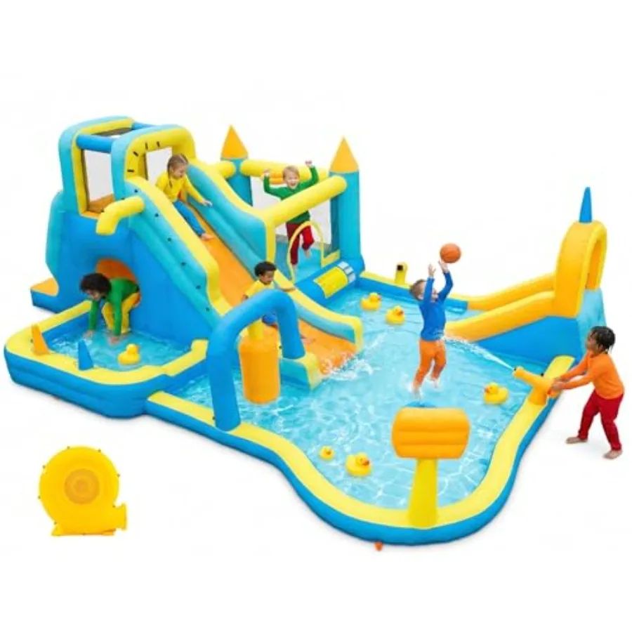 

Надувная водная горка для двора с бассейном, скалодромом, полосой препятствий, баскетбольным кольцом и водной пушкой, красно-синяя