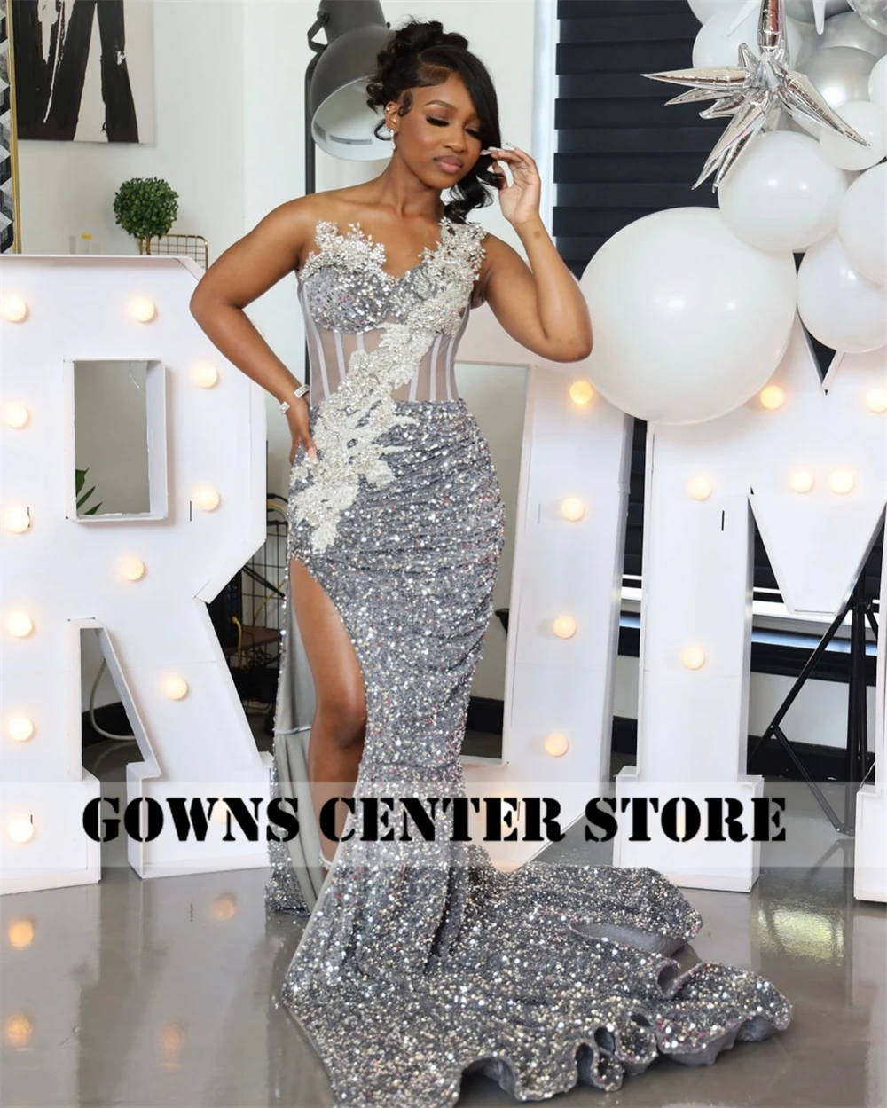 Remarkable Silver Sequin Aso Ebi Evening Dresses For Brides 2025 High Split Mermaid Beaded African Bridal Dress Customized