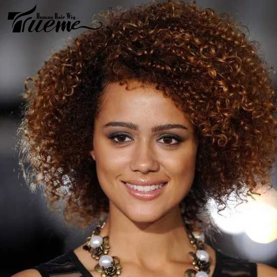 Trueme Curly Short Bob Human Hair Wigs For Women Brazilian Kinky Curly Human Hair Wig Ombre Brown Curly Bob Wig With Bangs