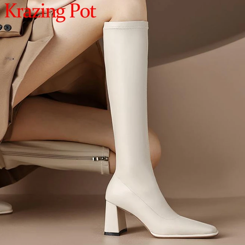 Krazing Pot New Microfiber Square Toe Thick High Heels Knight Boots Koren Girl Large Size Sewing Thread Zipper Thigh High Boots