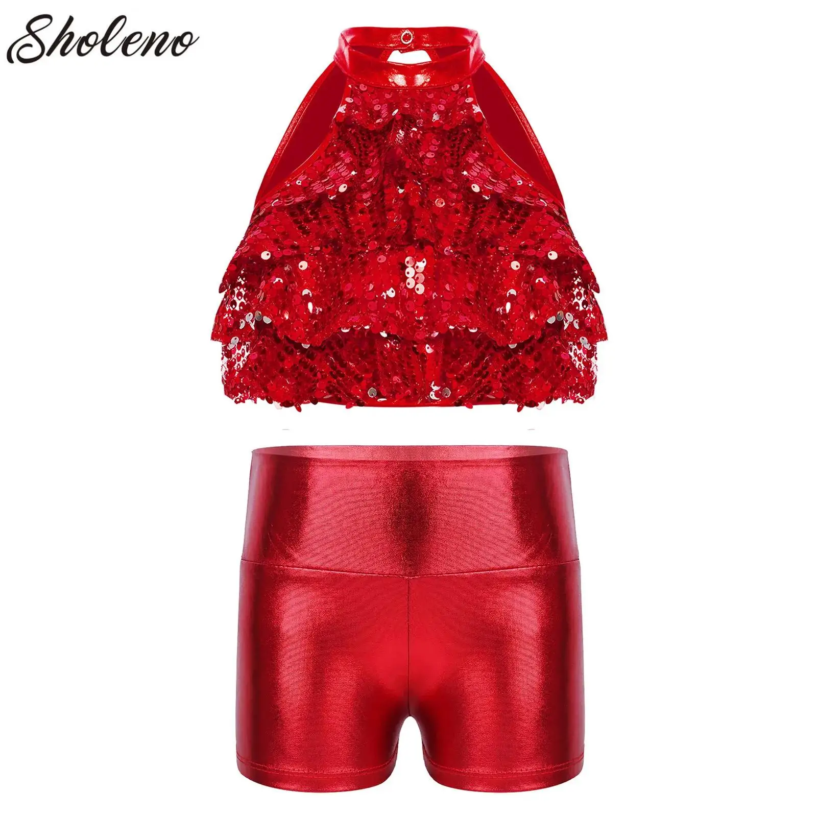 2 قطعة أطفال بنات لامعة الترتر ملابس الرقص لامعة المتدرج الترتر المحاصيل الأعلى مع مجموعة تي شيرتات قصيرة للأداء الهيب هوب الجاز اللاتينية