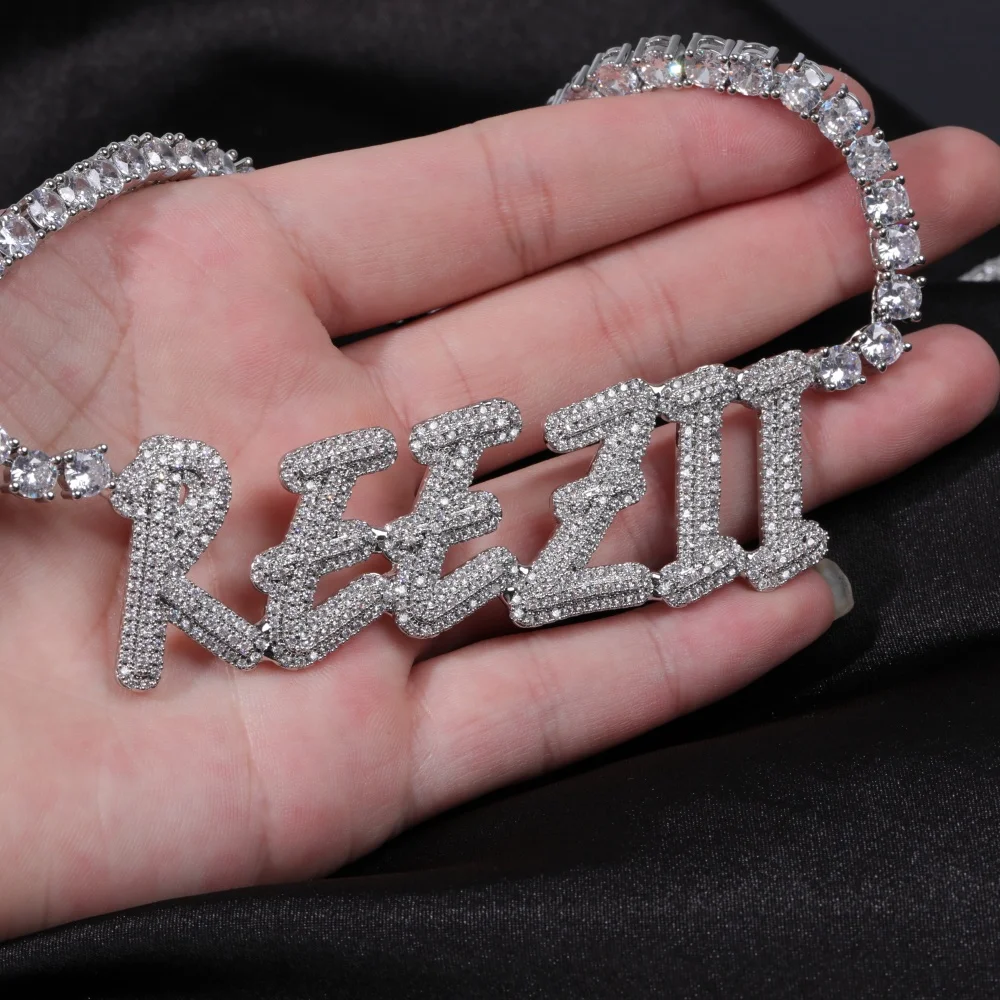 

Hip Hop Customized Name Necklace Cubic Zirconia Letters with 4mm Tennis Chain Ice Out Pendant For Women Jewelry