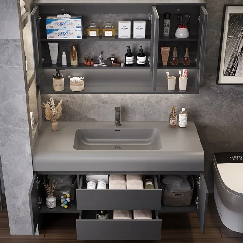Luxo moderno armário de banheiro organizador vaidade armário de armazenamento de maquiagem espelho pia armoire de salle de bain móveis de banheiro