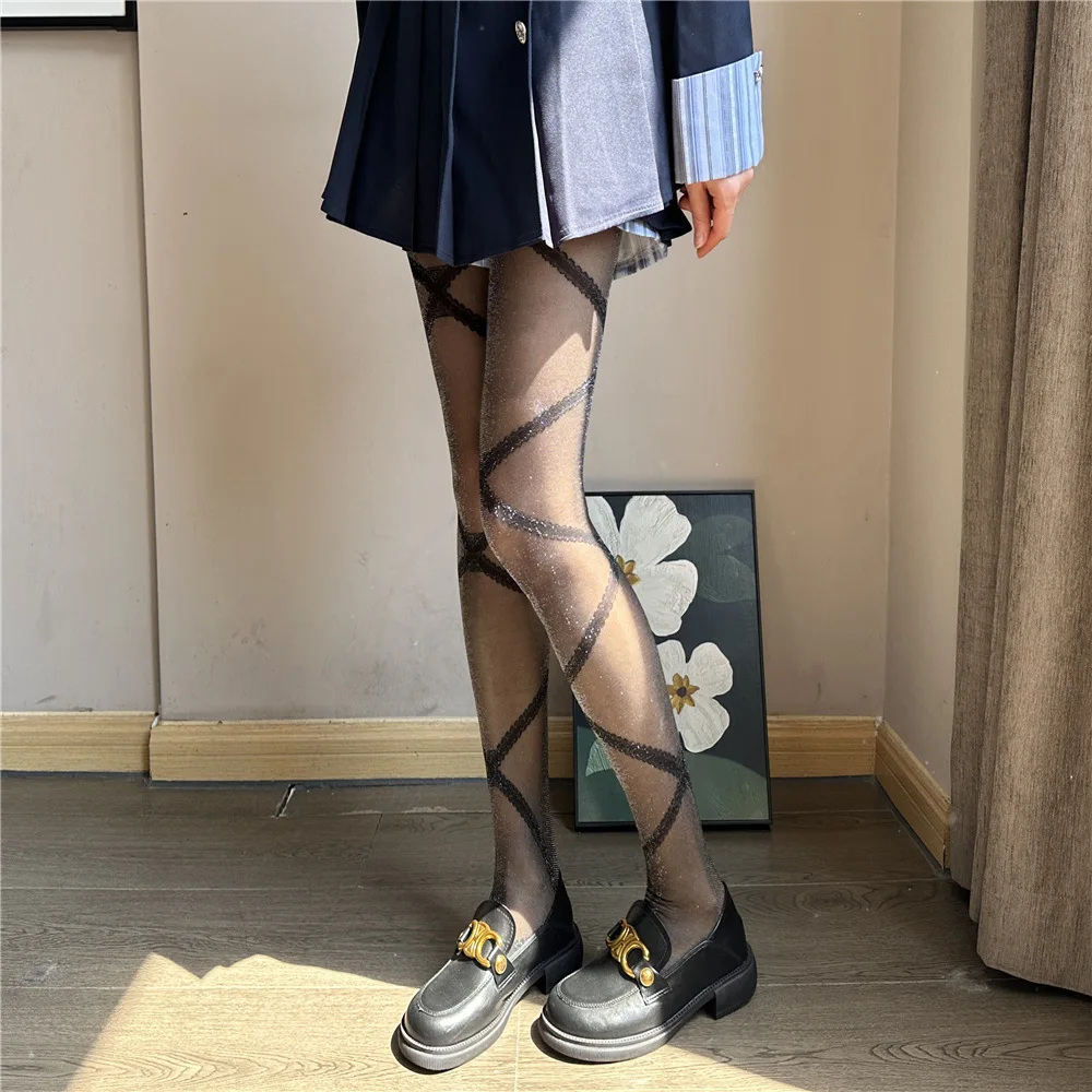 Fashion Individual Cross-Lace Striped Pattern Women's Pantyhose Shiny Reflective Silver Silk Lolita Hottie Rhombus Hosiery