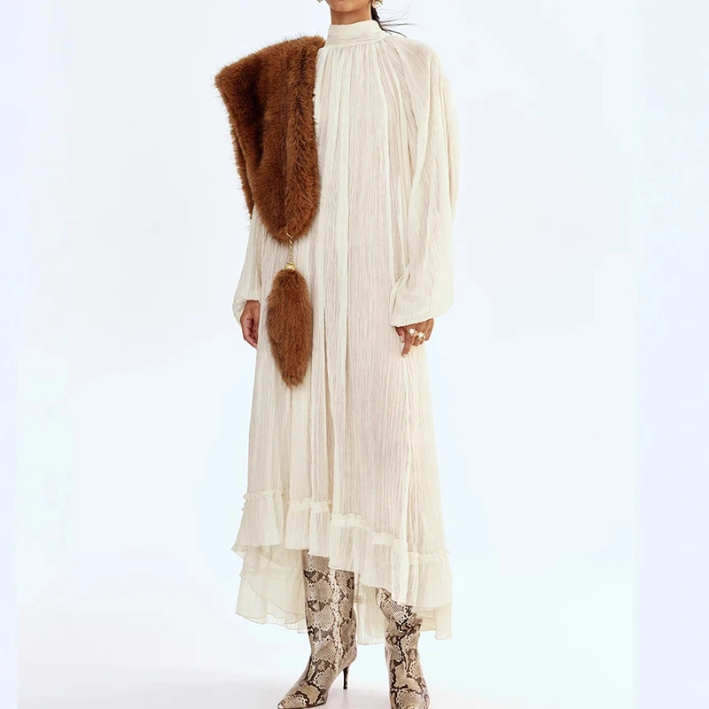 Vestido plisado de manga larga con cuello redondo para mujer, vestido largo holgado para primavera y verano, vestidos elegantes con cordones y manga acampanada 2026