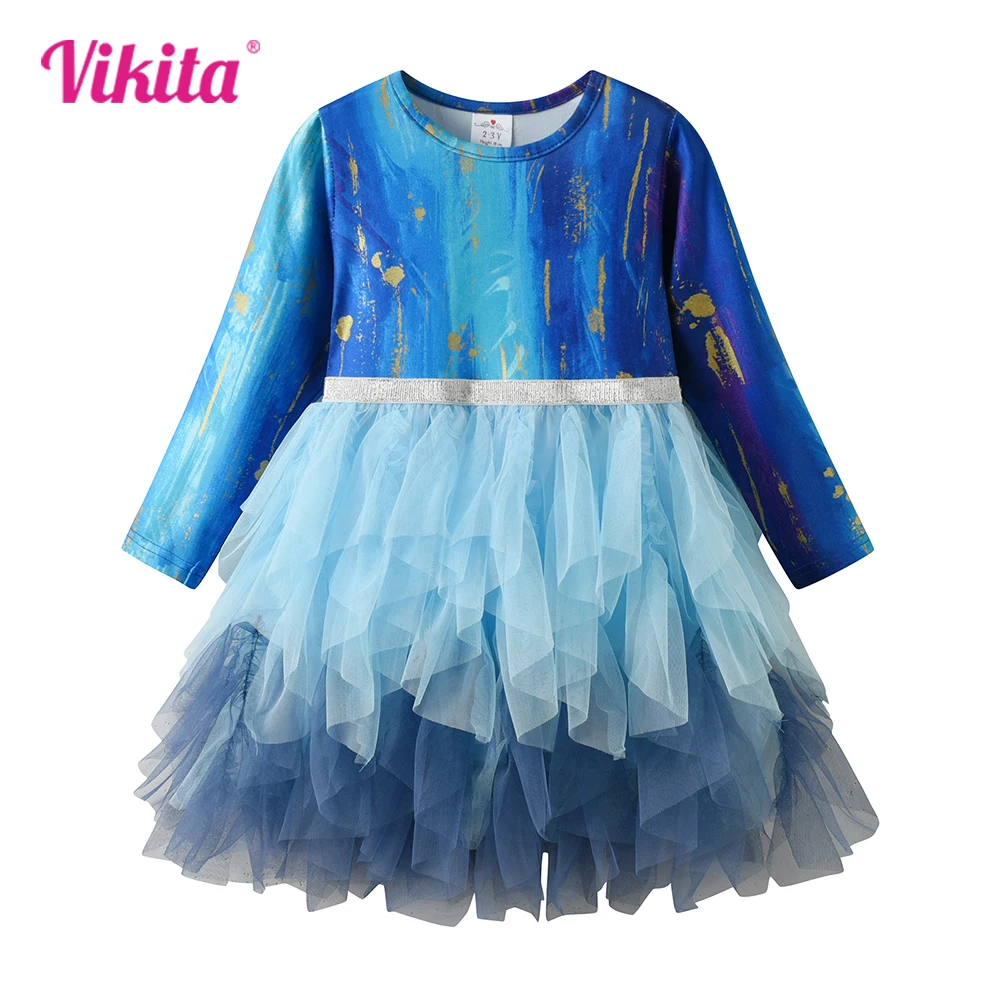 VIKITA Girls Blue Performance Prom Gown Party Princess Dress Kids Long Sleeve Autumn Winter Spring Layered Cake Tutu Dresses