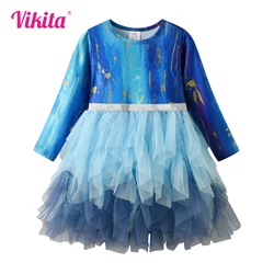 VIKITA Girls Blue Performance Prom Gown Party Princess Dress Kids Long Sleeve Autumn Winter Spring Layered Cake Tutu Dresses