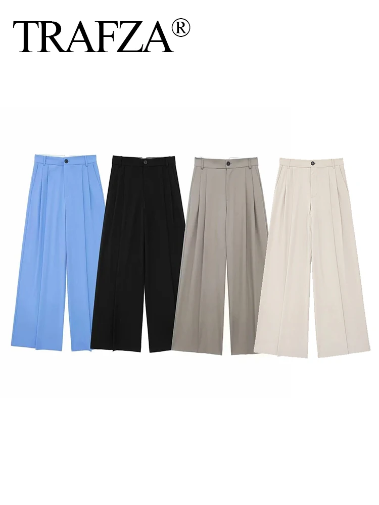 TRAFZA 2024 Women\'s Casual Solid Wide Leg Pants Female Vintage Summer High Waist Pleated Loose Buttons Long Lady Trousers