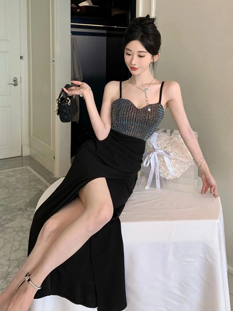 ชุดเดรสราตรีสีดำวิบวับ สายเดี่ยวเปิดหลัง ทรงเข้ารูป ดีไซน์หรูหรา สำหรับงานปาร์ตี้ คลับ งานพรอม แฟชั่นผู้หญิง สไตล์ใหม่