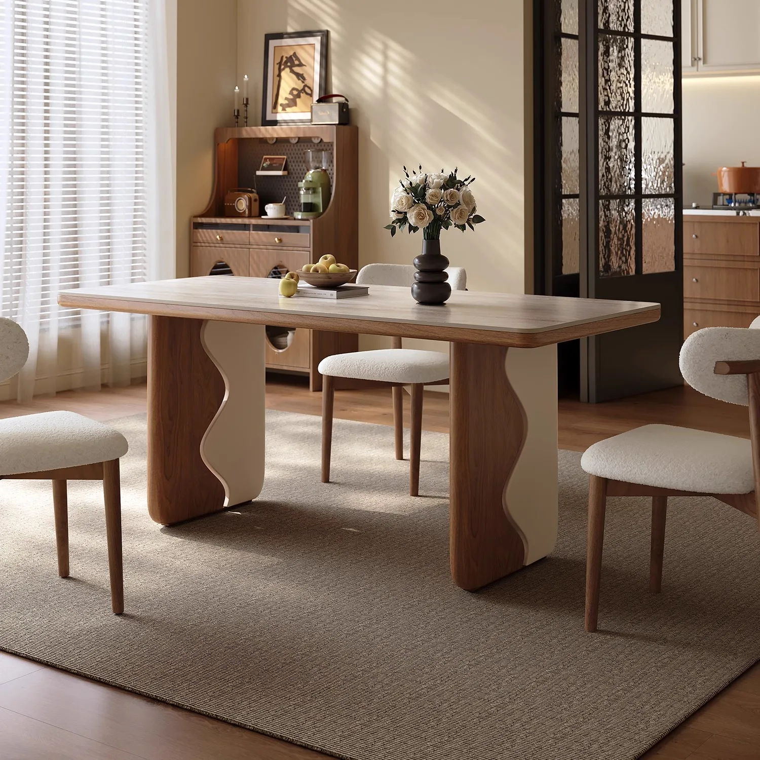 

HYS medieval solid wood rock slab dining table small apartment new household rectangular ripple dining table