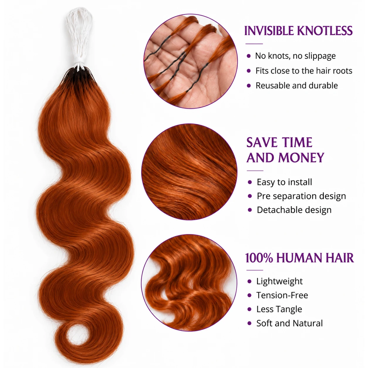 Ginger Copper Body Wave Feather Crochet Human Hair Knotless Pre Separated Boho Braiding Extensions Soft Natural Look For Women