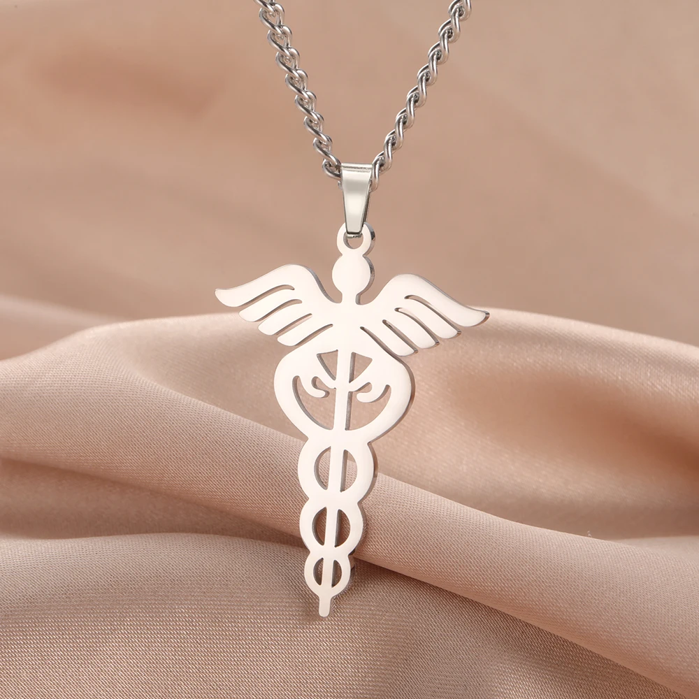 Dawapara Caduceus Necklace Archangel Wings Healing Medical Symbol Pendant Asclepius Protection Amulet Stainless  Steel Jewelry