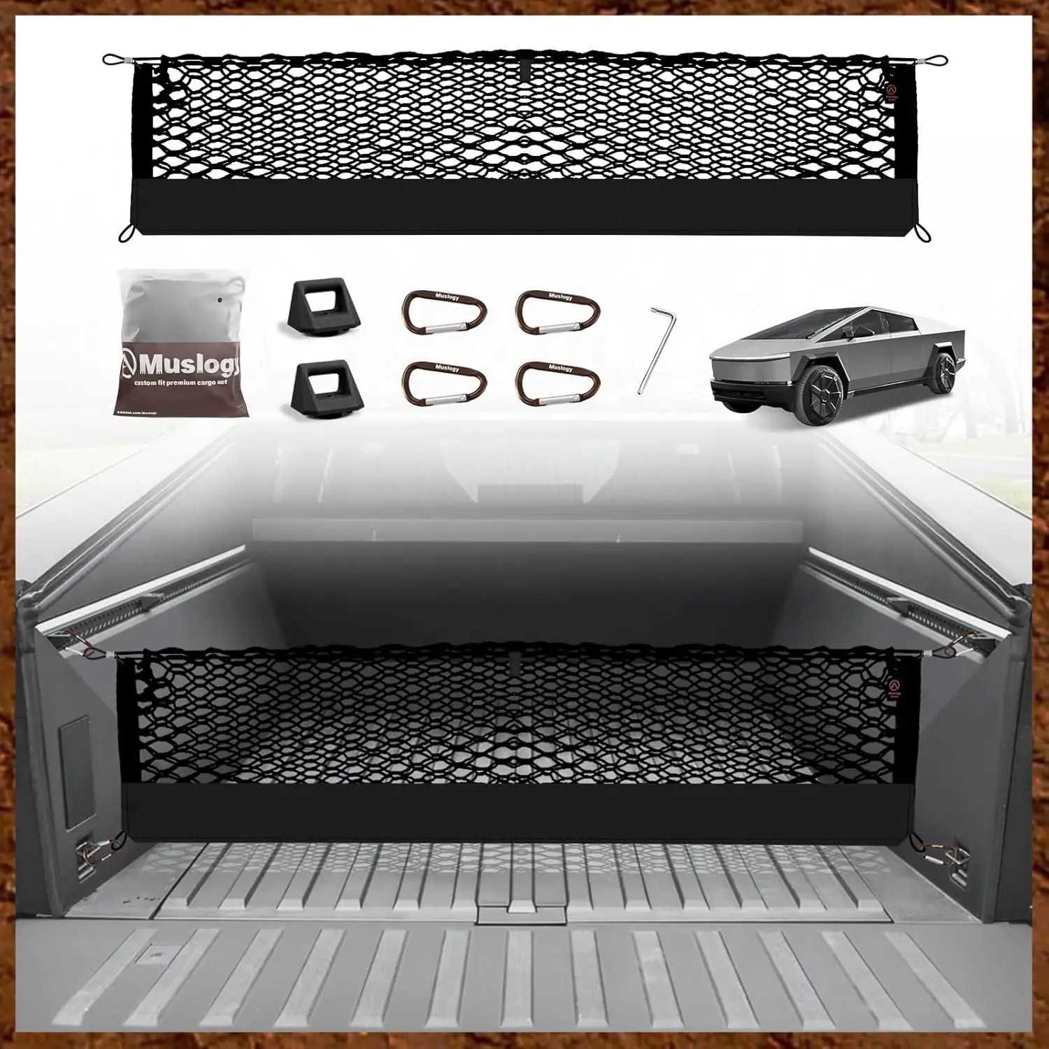 

Tesla Cybertruck 2023-2024 Truck Bed Cargo Net-Aerospace-Grade Envelope Organizer with Titanium Hooks,No-Drill EV Storage System