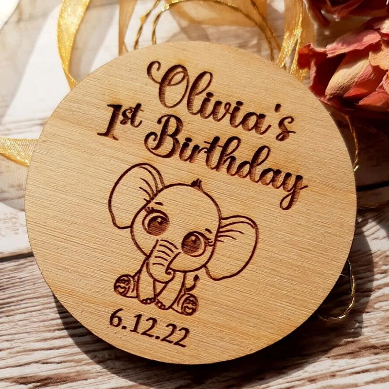 Custom Baby Elephant Magnets Cute Wooden Fridge Decor Wood Round Invitaion Baby Shower Gifts Personalized Wood Magnet Party Gift