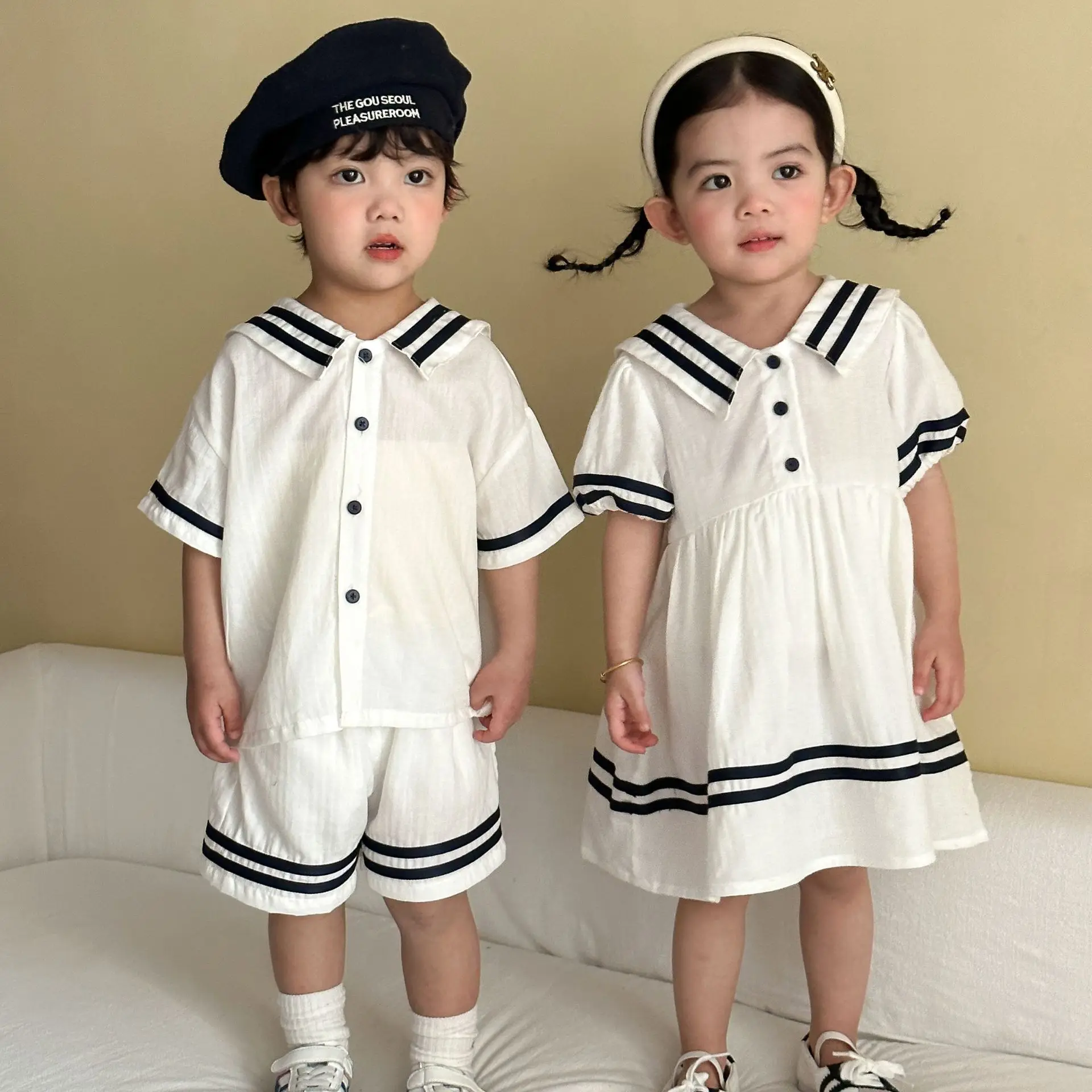 Children's Summer Suit Cotton Boys Naval Wind Academy 2026 New Baby Girls Dress Brother and Sister Summer