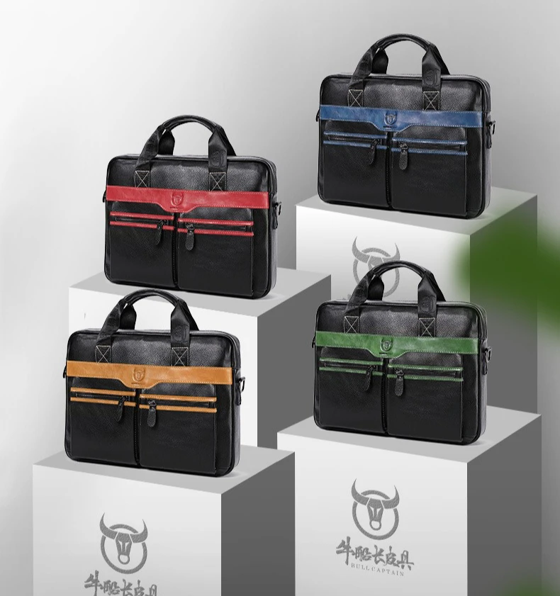 Valigetta da uomo con cuciture colorate in vera pelle da lavoro di grande capacità, borsa per computer a tracolla da portare a mano in cowhine