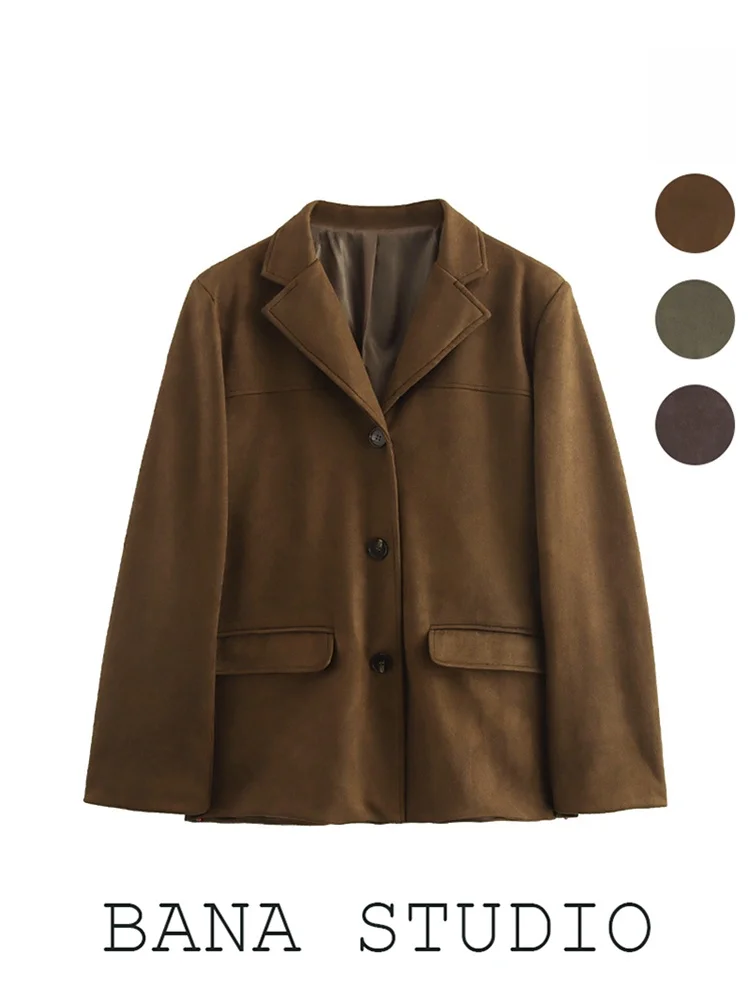 

BANAins Коричневый замшевый костюм с подплечниками Jaet Женская верхняя одежда средней длины Свободный крой Long Sve на одной пуговице