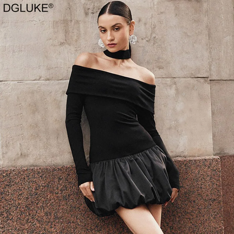 

DGLUKE Black Off Shoulder Long Sleeve Dresses For Women Drop Waist Bubble Hem Mini Dress Fashion Patchwork Club Party Dress