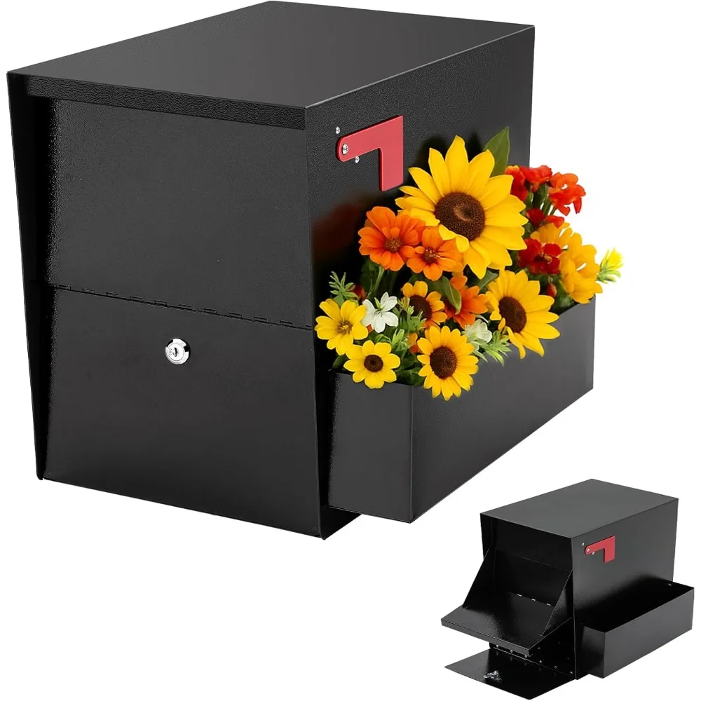 

Large Capacity Outdoor Mailbox with High Security Lock and Planter, Black