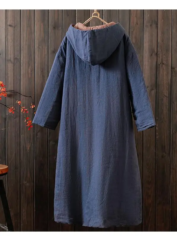 秋冬の麻綿ジャケットロングコート、ゆったりとしたエスニック風レトロな女性服、Aラインスカート、ロングスリーブ帽子