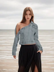 Plus Size Semi Formal Jacket Casual Blue Short Fall Winter Stand-Up Collar One Shoulder Long Sleeve Button Denim Jacket