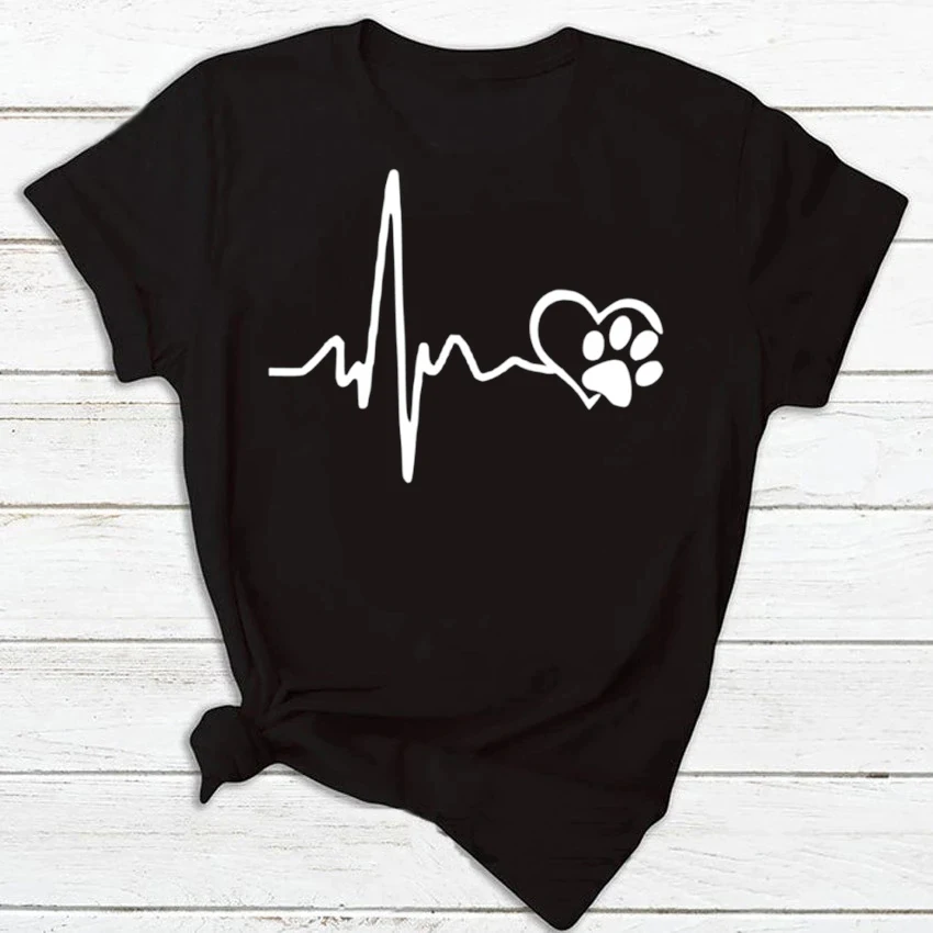 Women T Shirt Fashion Dog Heartbeat Print T-shirt Funny 90s Print T Tee Womens Tshirt Female Black white tee Shirt Clothes Tops