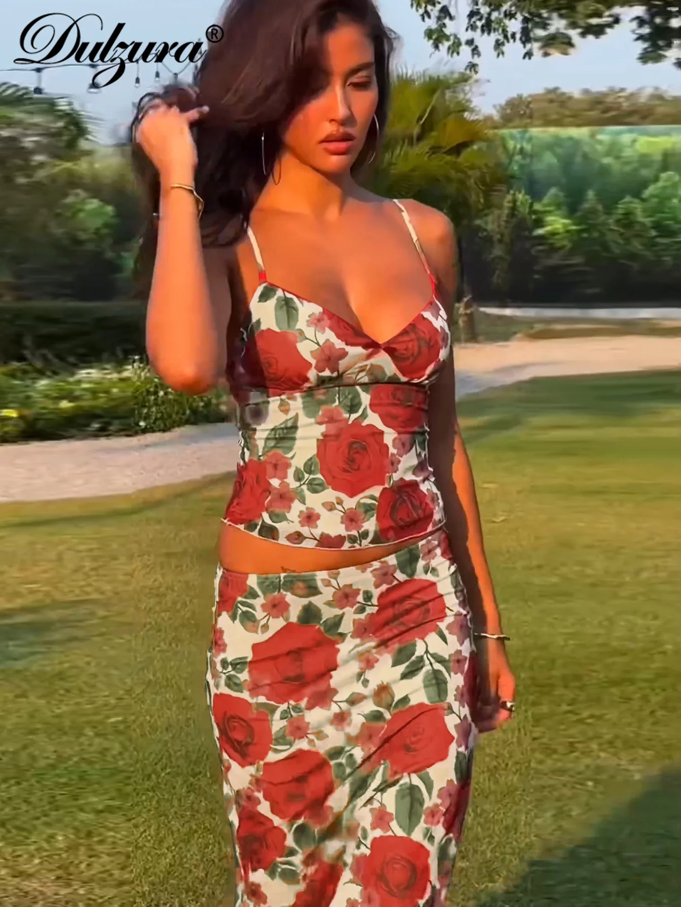 Dulzura Sexy Elegant Flower Print 2 Piece Skirt Set Sleeveless Bodycon Backless Camisole And Maxi Skirt Matching Party Club Y2K