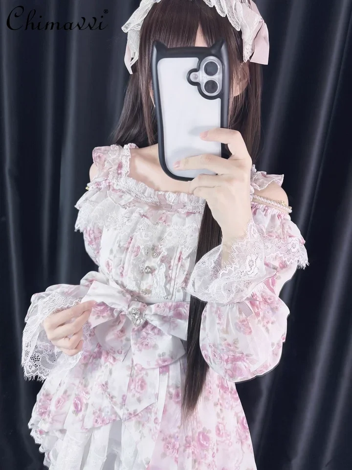 

Liz Dress Sets Sweet Ruffled Lace Lace-Up Japanese Mass-Produced Rose Ribbon Top Skirt Set Princess Girls Women Lolita Sets