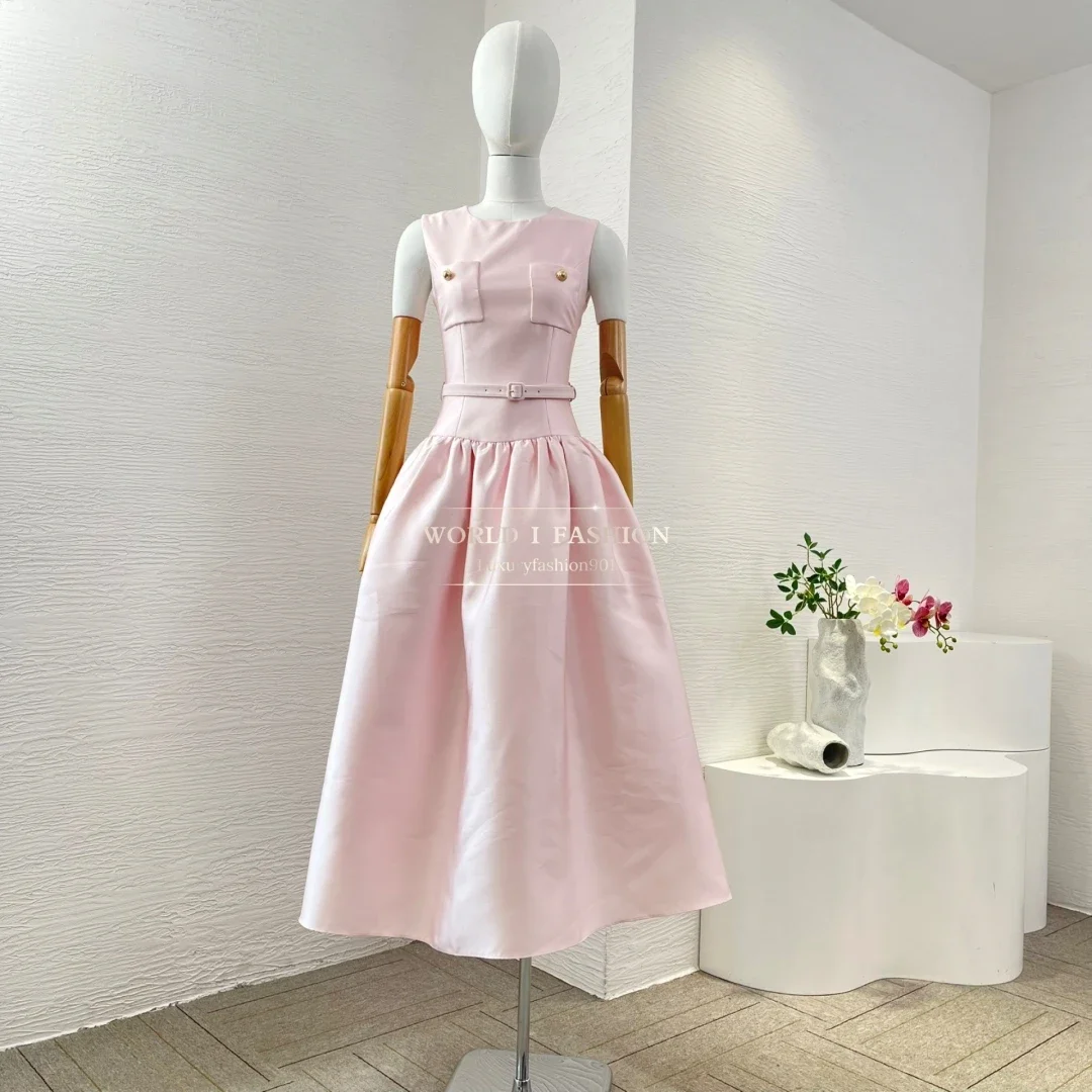 Women's High Quality Elegant Pink Sleeveless Belted Midi Dress