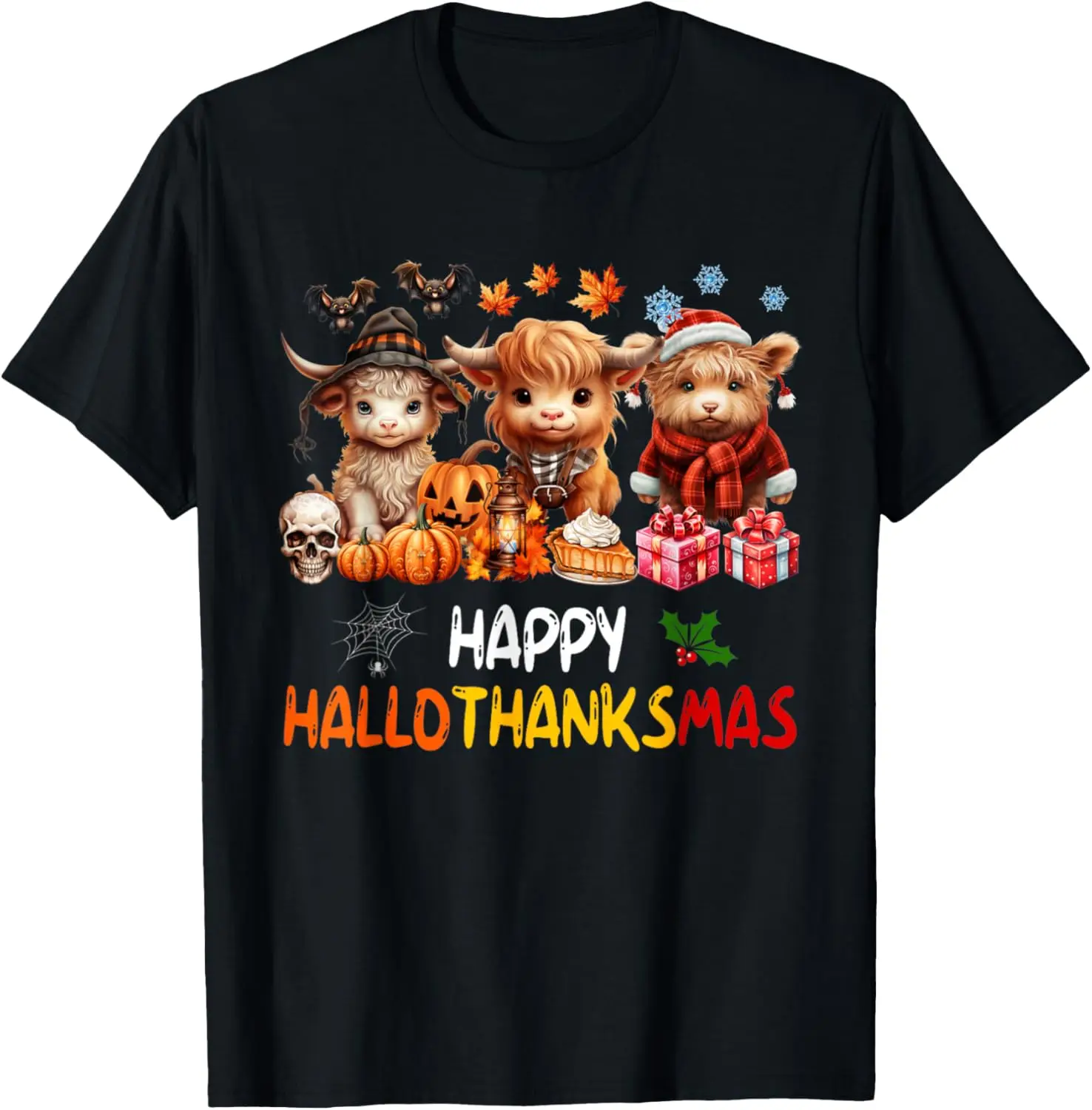 Happy Halloween Thanksgiving Christmas Highland Cow Holiday T-Shirt