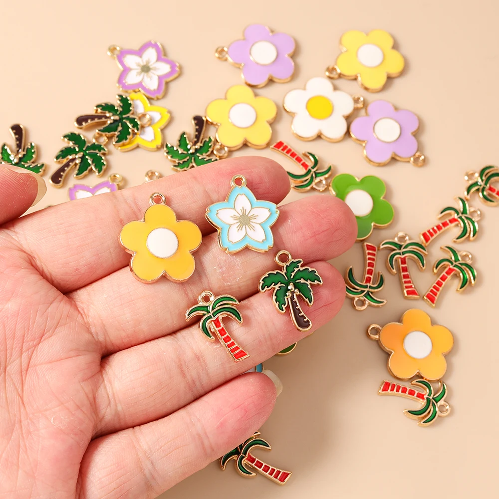 10 Stück niedliche Emaille-Anhänger mit Pflanzen-, Blumen- und Kokosnussbaum-Motiven für die Herstellung von Halsketten, Ohrringen, DIY-Bastelarbeiten und Schmuckzubehör – Detail 2
