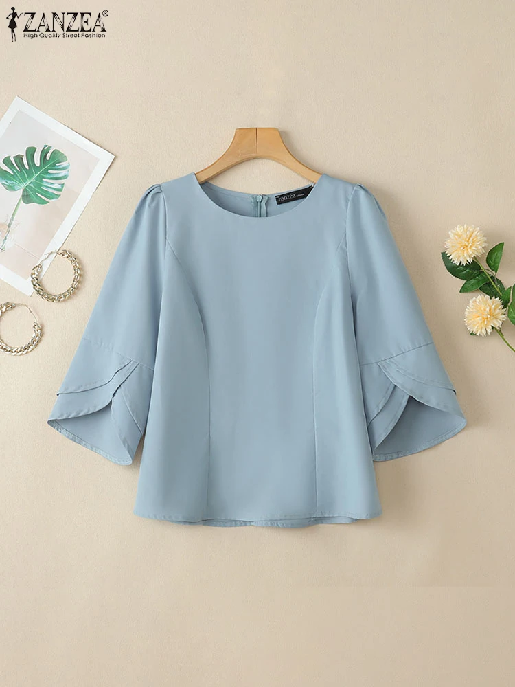 2025 ZANZEA blusa de oficina camisa de Mujer elegante sólido Slim Fit Tops verano elegante 3/4 manga de pétalo Blusas de trabajo Mujer de gran tamaño