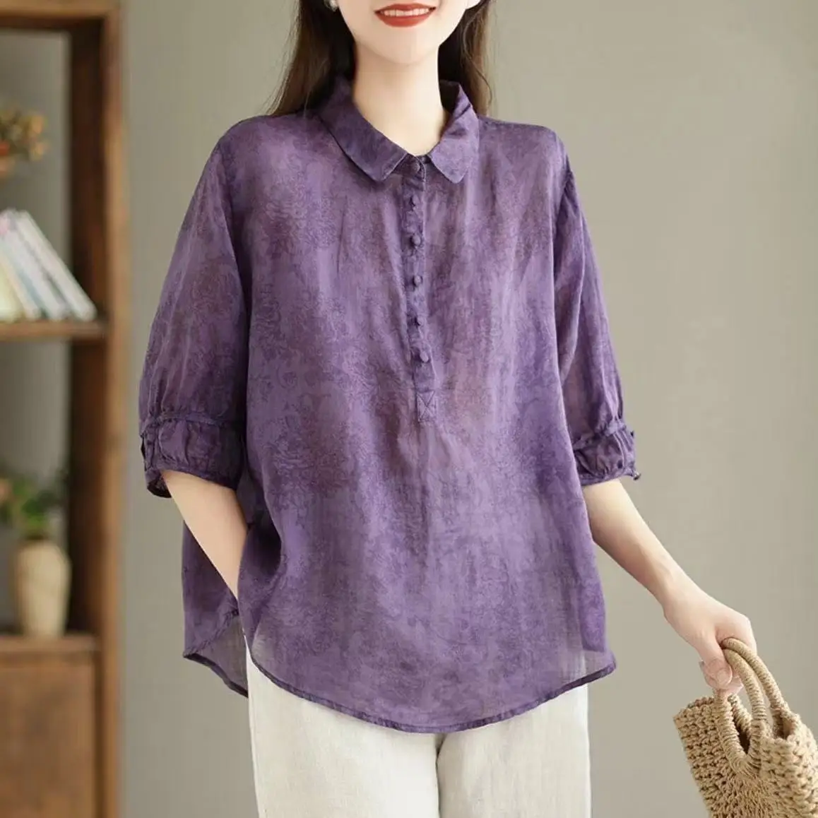 Camisa con solapa estampada a la moda, camisa Retro de manga media para mujer de estilo extranjero, camisa fina y fina