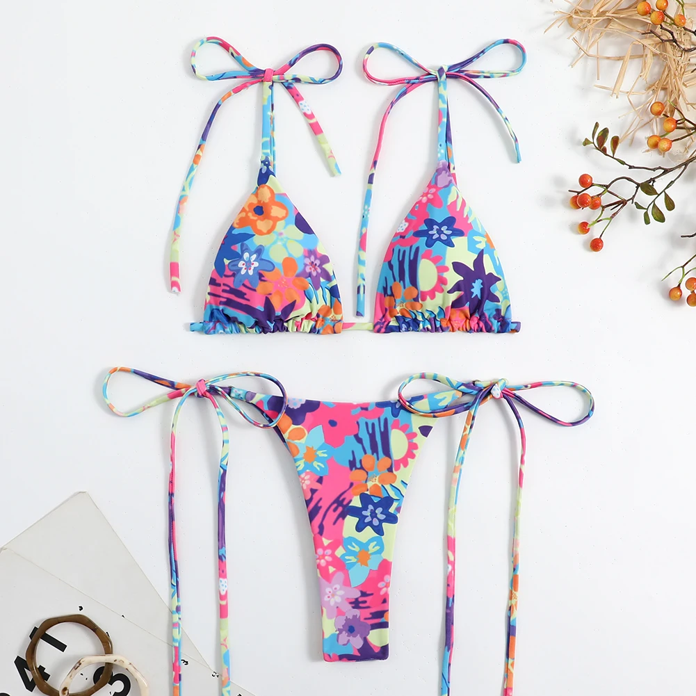 Women’s Lingerie Flower Print Bikini Set Swimwear Thong Bikini Beach Wear Bathing Suit 2 Pieces Sexy Bras G-String Woman Clothes