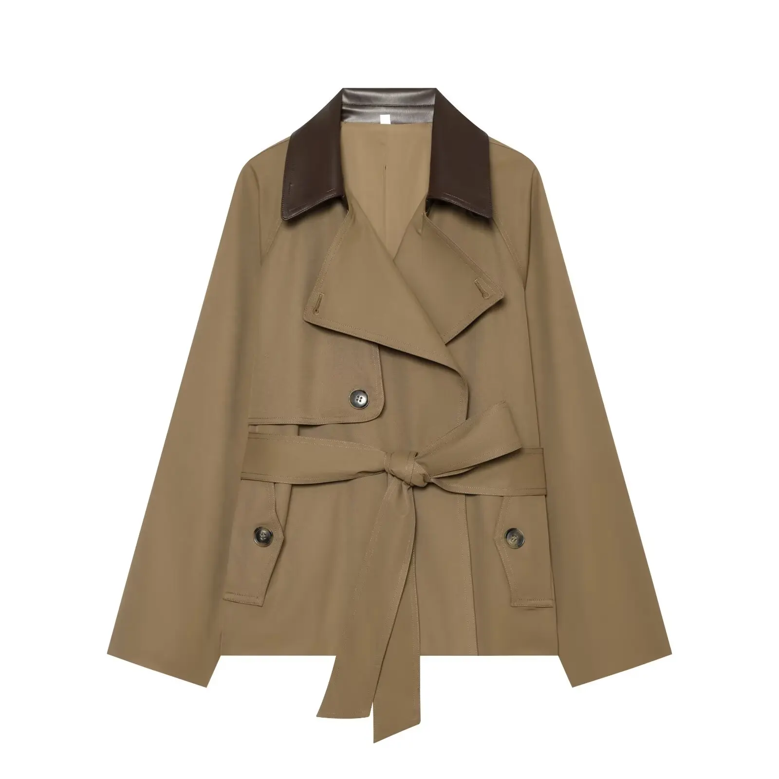 Women Cropped Trench Coat Contrast PU Leather Lapel Collar Long‑Sleeve Double‑Breasted Loose Short Windbreaker Autumn Outerwear