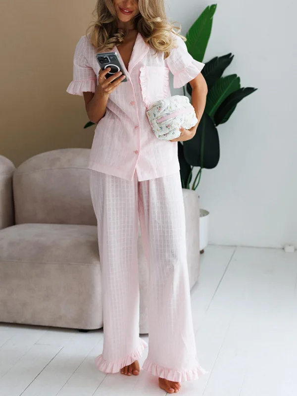 

Женский летний комплект для сна с кружевной отделкой, коротким рукавом, длинными брюками, завышенной талией, в полоску, модный костюм-двойка в европейском стиле