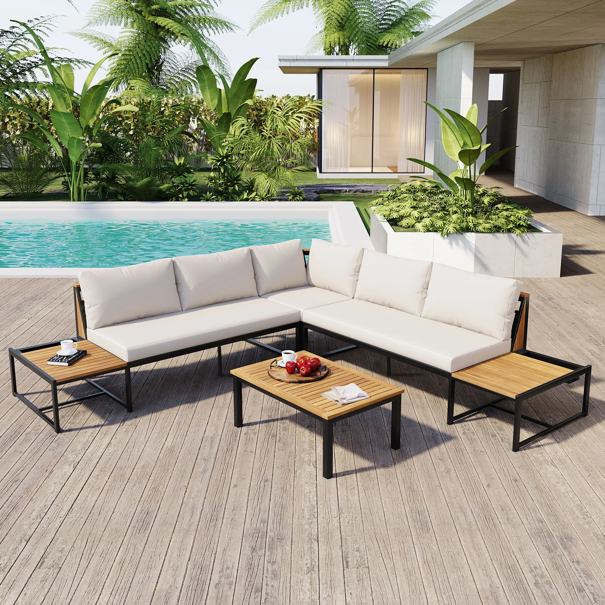 

Patio Sectional Sofa Set Couch Iron Frame built in table With Cushions Outdoor Furniture