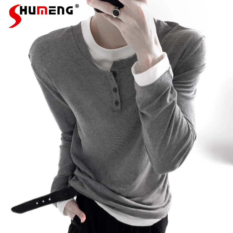 

Men's 2025 Autumn New Classic High-End T-Shirts Men's Fashion Niche Design Faux Two-Piece Tops Male Long Sleeve Round Neck Tees