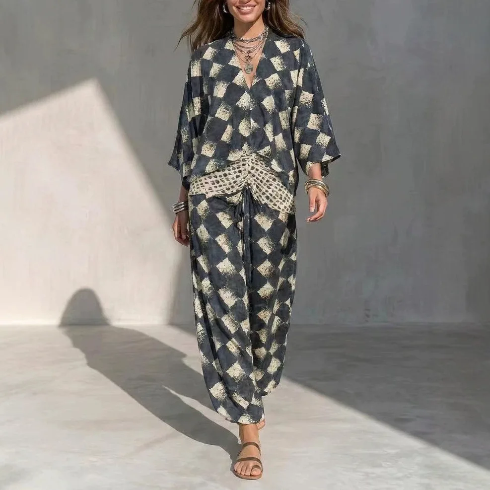 Ladies' new printed imitation hemp dress INS bat sleeve dress loose
