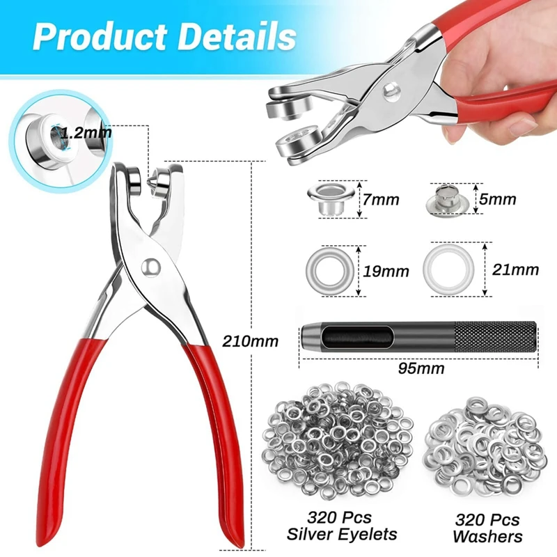 Kit d'Outils à Œillets de 642 Pouces, avec 1/2 Œillets, 320 Rondelles et Pinces, Facile à Utiliser, 320 Pièces