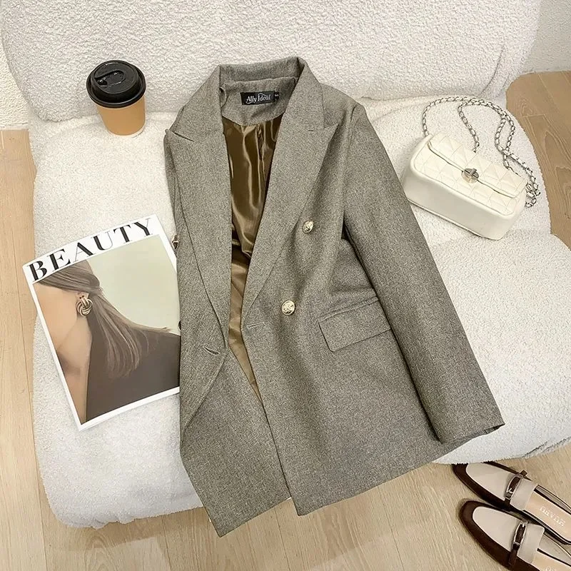 

Новый блейзер Candy Color OL 2026 года: весенне-осенний, с отложным воротником, длинными рукавами, двубортный, с металлическими пуговицами, приталенный, с карманами