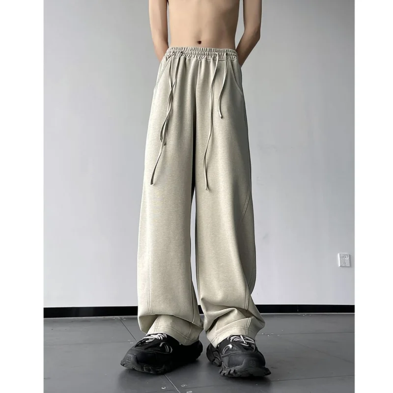 American High Street Straight Pants Trendy Fashion Autumn New Men\'s Solid Pocket Elastic Waist Drawstring Loose Sports Trousers