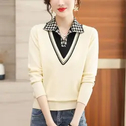 Women's Clothing Autumn Winter Turn-down Collar Pullover Sweater Knitted Long Sleeve Contrast Color Elegant Office Lady Tops