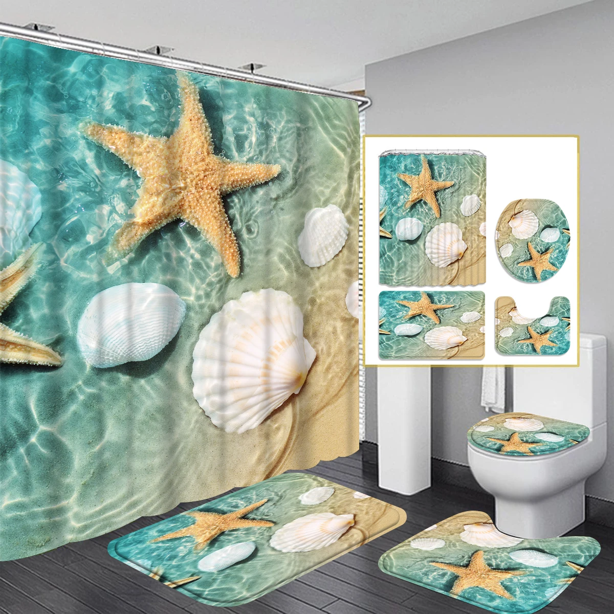 1/4 Piece Shower Curtain Set, Waterproof Bathroom Partition Curtain with Hooks, Anti-Slip Bath Rug, U Shape Mat, Toilet Seat Cov