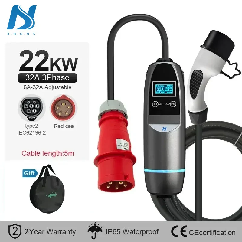 Khons 22kw EV Charger 3Phase Electric Car Charger Type2 32A IEC62196-2 Charging Cable CEE Plug Electric Car Charging Station